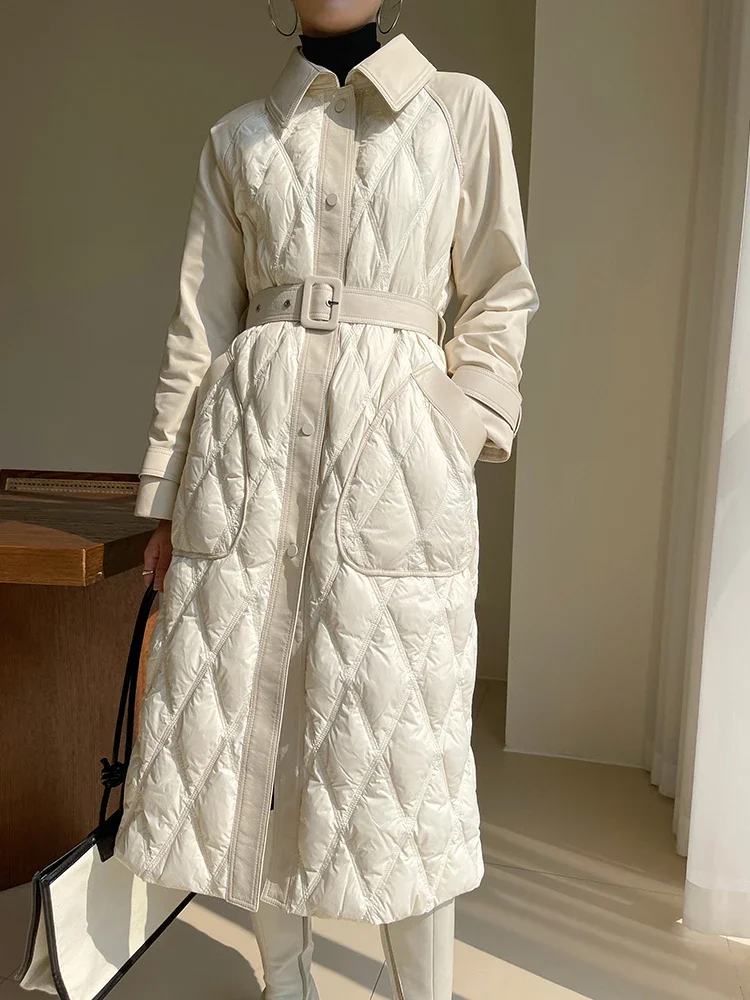 

Patchwork Real Sheepskin Down Jacket for Women Autumn Winter 2023 New High Quality Slim Long White Duck Down Coat with Belt