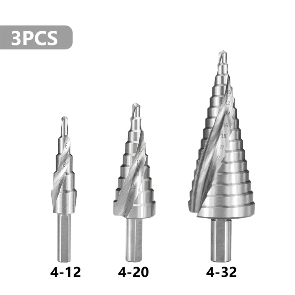 

3pcs HSS Steel Large Step Cone Drill Bit Triangle Handle 4-12/4-20/4-32mm Spiral Groove Wood Metal Titanium Bit Set Hole Cutter