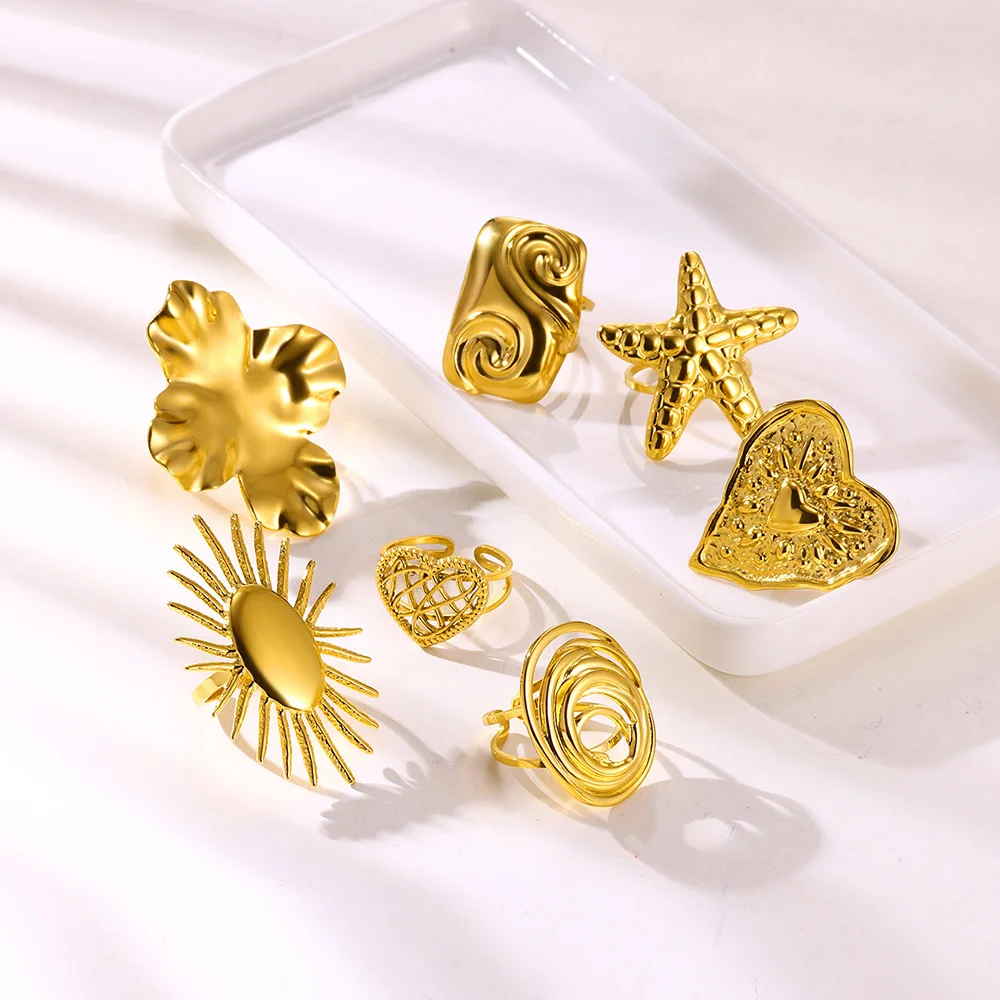 Fashion Flower Heart Ring for Women Gold Color Stainless Steel Geometric Starfish Ring Boho Jewelry Birthday Party Jewelry Gift