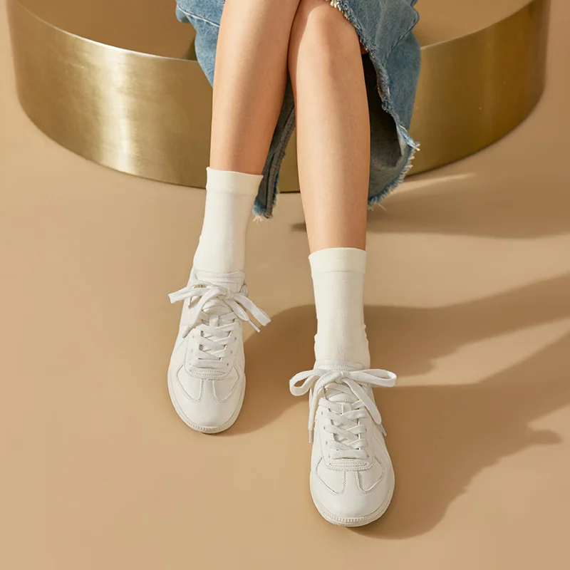 BEAUTODAY 여성용 캐주얼 스니커즈, 레트로 가죽, 라운드 토, 레이스업 플랫, 트레이닝 슈즈, 수제 29872, 여름