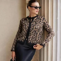 Tuularose Women's Leopard Print Cardigan Loose Casual Knitted Printed Long Sleeve Jacket Y2k Retro Autumn Warm Cardigan Top Lady 1