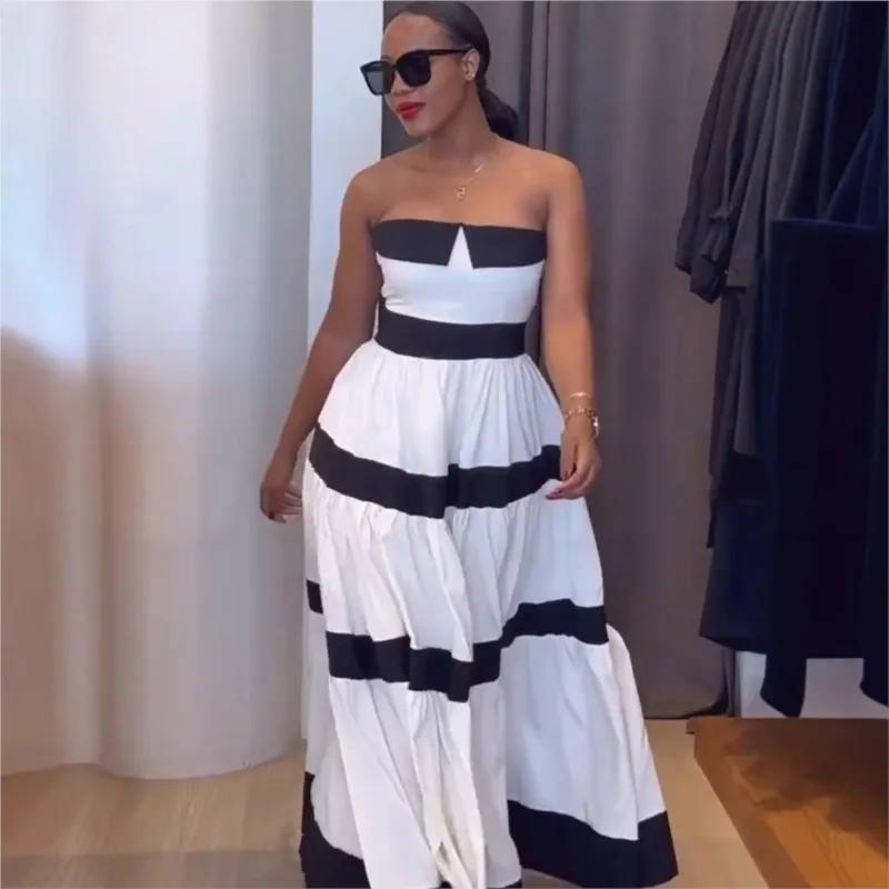 Women Fashion New Elegant Long Dress Patchwork Bowknot Strapless Sleeveless Backless High Waist Stripes Long Dress Party Female 1