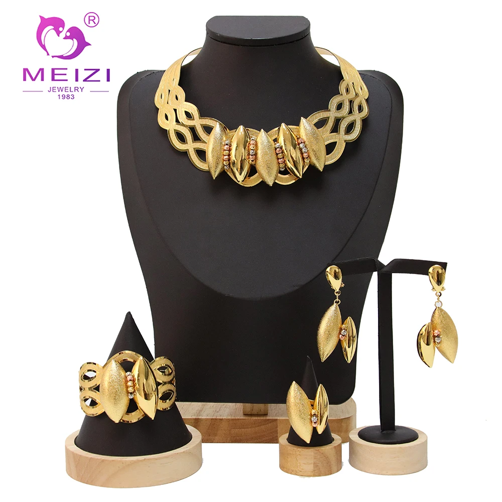 

Gold Plated Jewelry Original Women Big Necklace Jewelry Set Dubai Fashion Earrings Rings Wedding Accessories Free Shipping