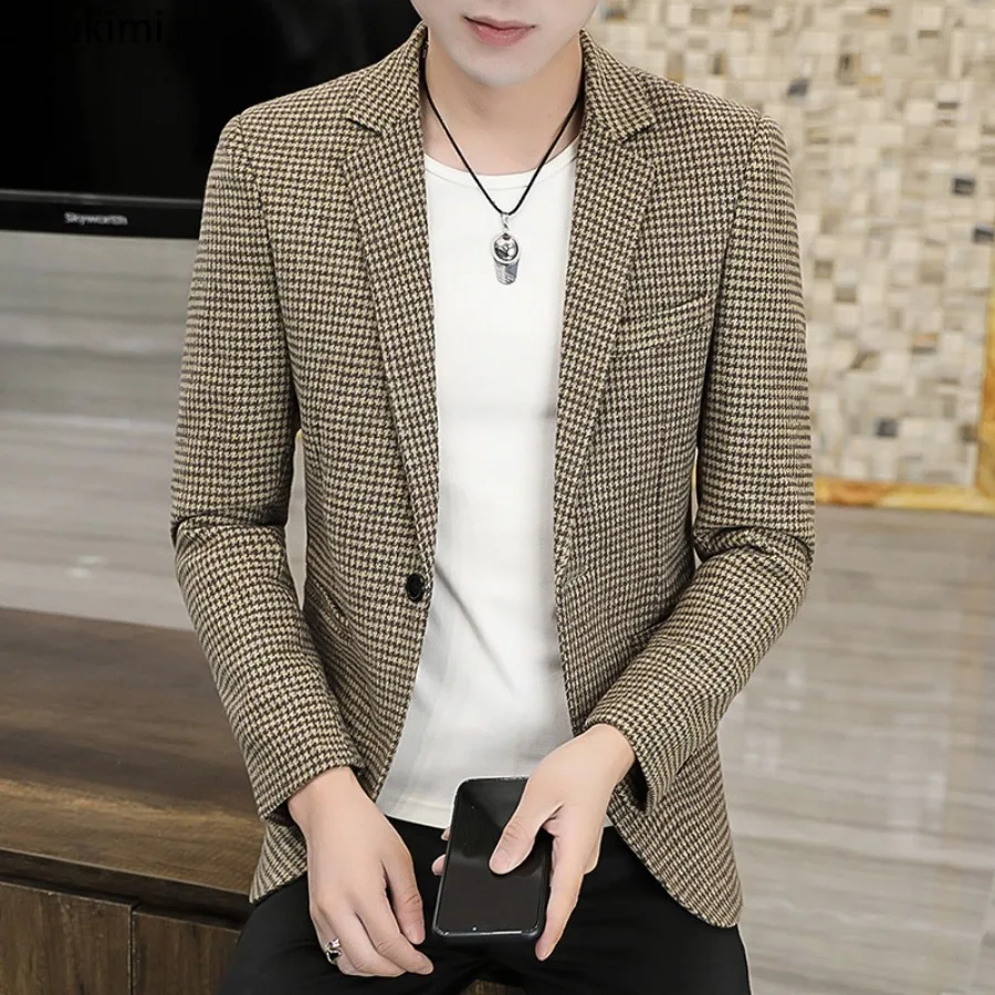 New Plaid Slim Blazer Coats Men's Fashion Business Casual Small Suit Classic Korean Single-button Formal Suit Jackets Male