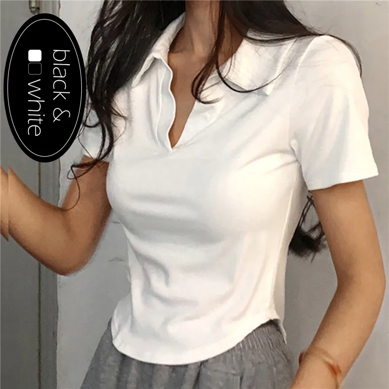 35340-703b9a.jpg Summer Short Sleeve Lapel Top Women'S Solid V-Neck Pullovers Retro Sweet Shirts Hot Girl Crop Top Female Slim Versatile Tee - Image 1