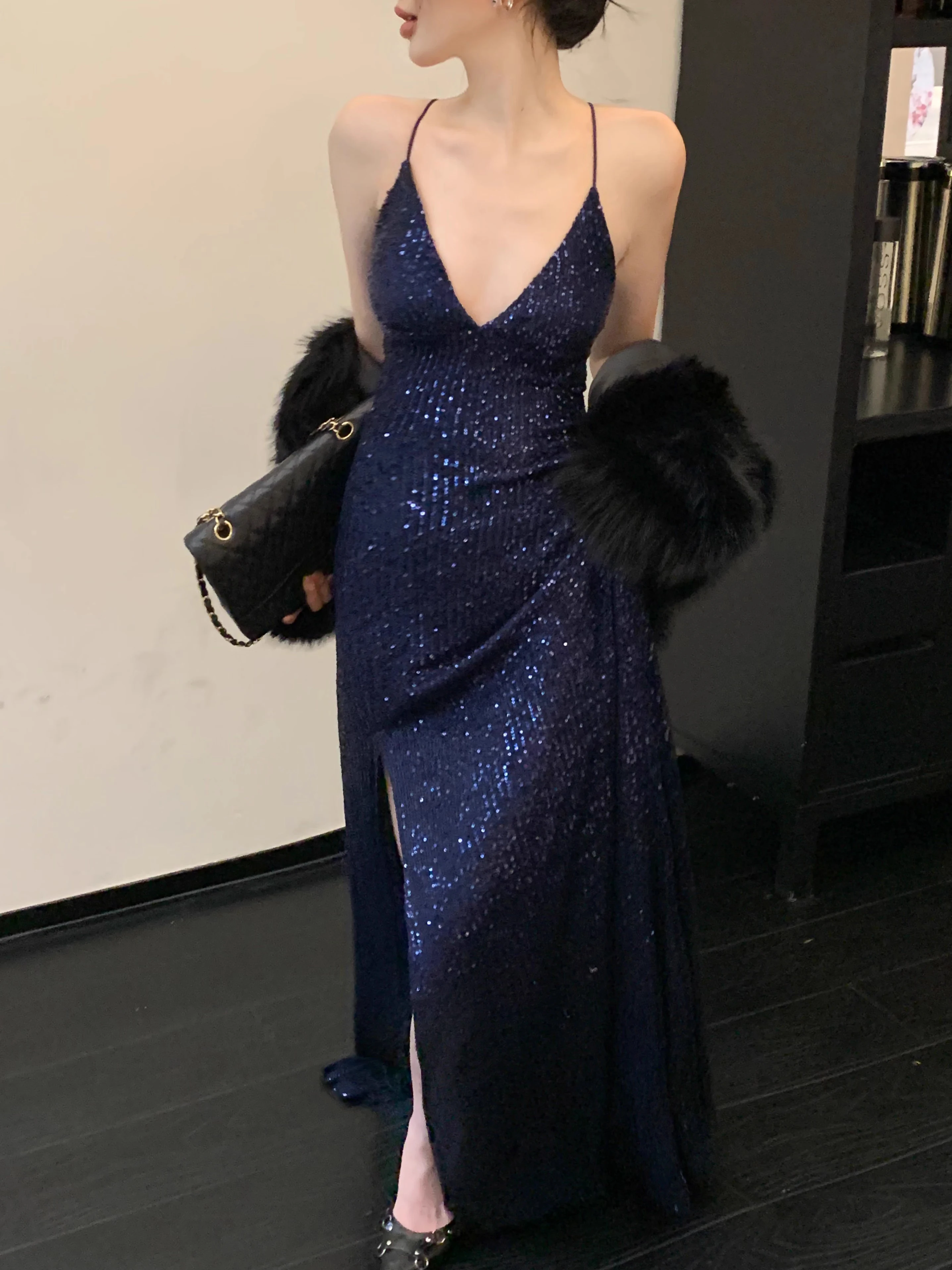 Solid Split Spaghetti Strap Dress Sequin Beading Shiny Blingbling Prom Gown Fashion Sexy Modern Lace-Up Slim Formal Dresses