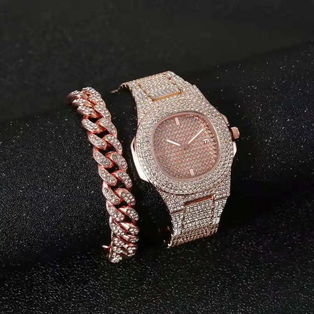 2PCS Iced Out Cuban Chain Bracelet Watch for Men Iced Out Watches Jewelry Set Mens Hip Hop Gold Diamond Mens Watch Reloj Hombre