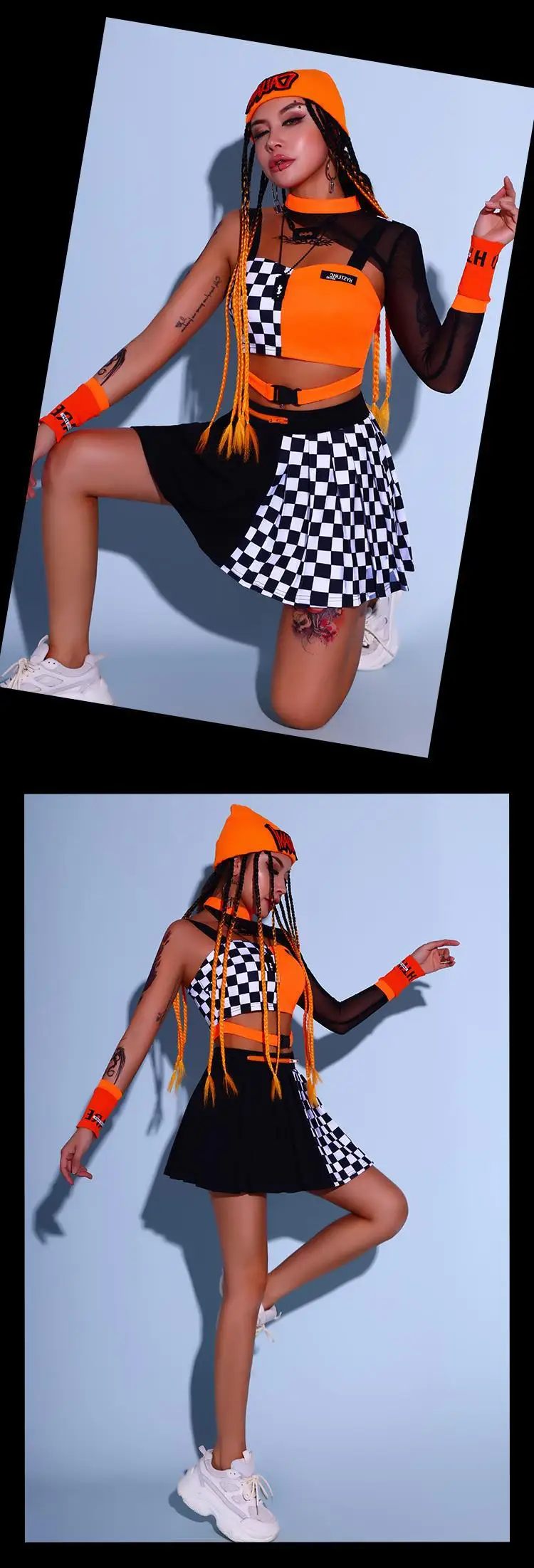 Orange Checkerboard Dance Costume Women Kpop Show Outfit Hip
