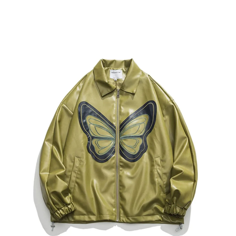 

PU leather motorcycle Jacket with Butterfly Embroidery, Bomber Baseball Jacket, Rock Star, Vintage, unisex, Spring and Autumn