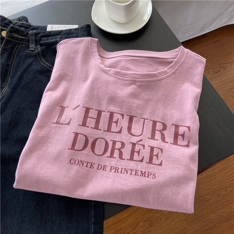 Pink Short Sleeve T-shirt Women's Loose Casual Round Neck Letter Print Thin Top 3