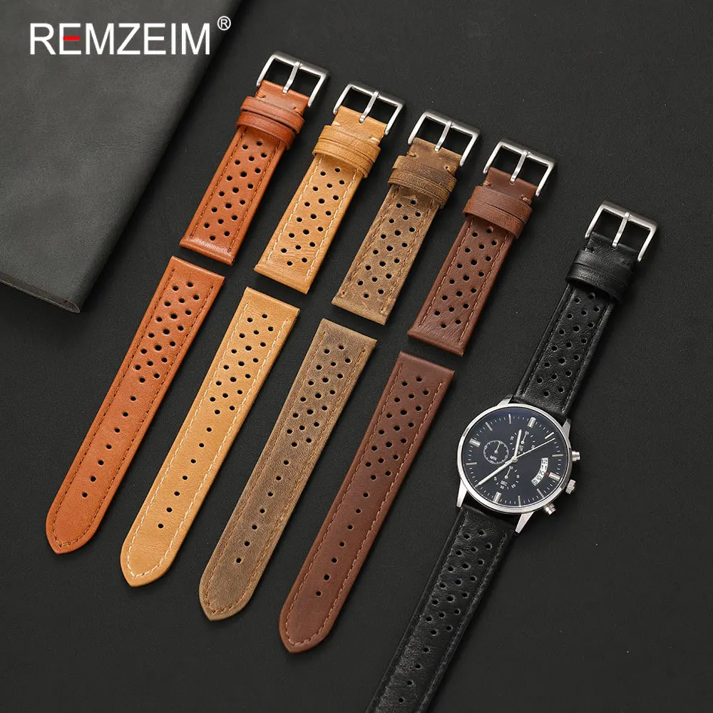 Men's Retro Genuine Calfskin Leather Watch Band - Breathable & Comfortable Replacement Strap
