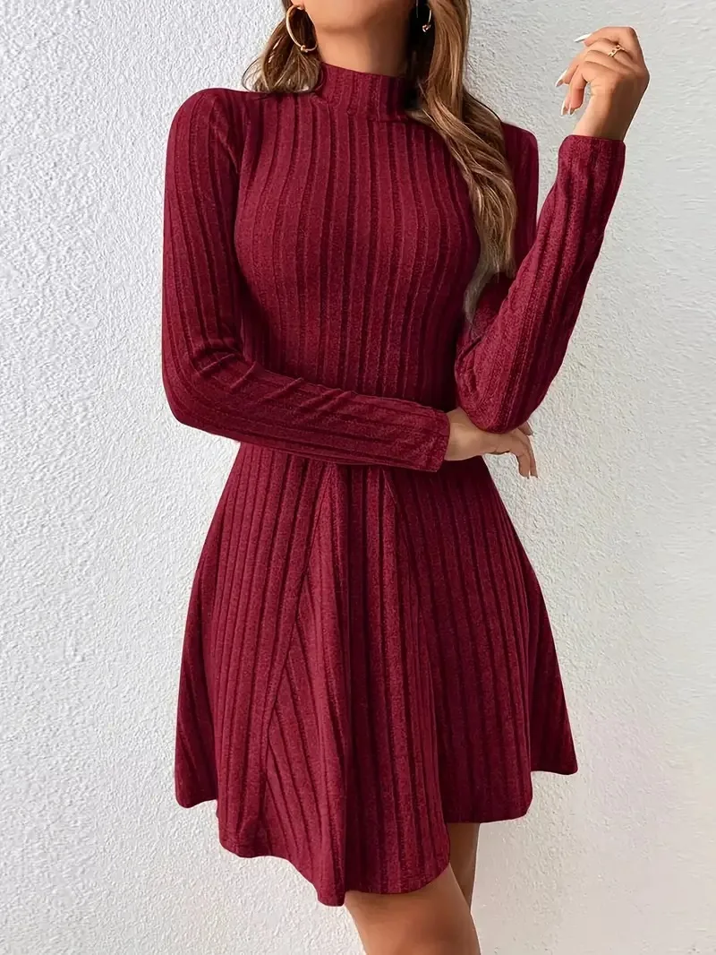 Damen Slim Fit Gestreiftes Kleid Langarm Hochkragen A-Linien-Rock Europäischer Stil Sommer 2026 Mode Grenzüberschreitende Kleidung – Detail 9