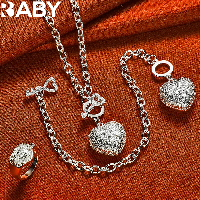 

925 Sterling Silver Zircon Heart Pendant Necklace Bracelet Ring For Women Fashion Jewelry Set Wedding Romantic Charm Accessories