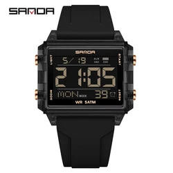 Unisex Trendy Rectangle Digital Sports Watch - Waterproof with LED Backlight (Black gold)