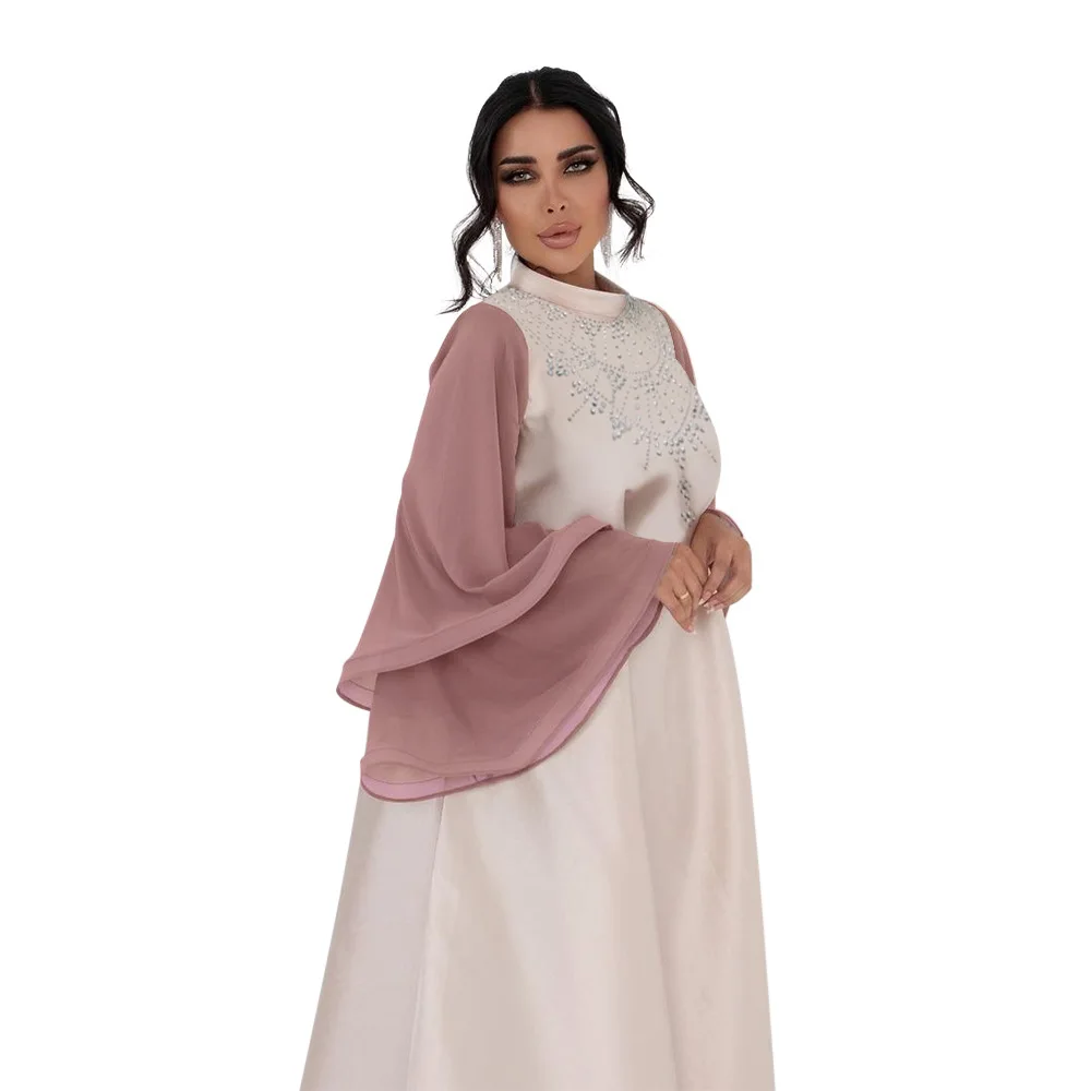 Women Swing Dress Abaya Pink Patchwork Sleeves Office Lady Long Dress Flare Sleeves With Diamond Satin Robe Dress Dubai Muslim