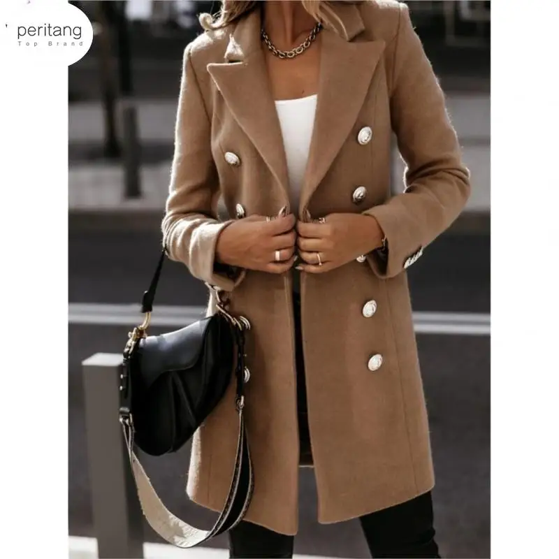 

Autumn Winter Women Jackets Wool Coat Solid Color Double-breasted Jacket Coat Women Knee Length Wool Blends Coat Womens Overcoat