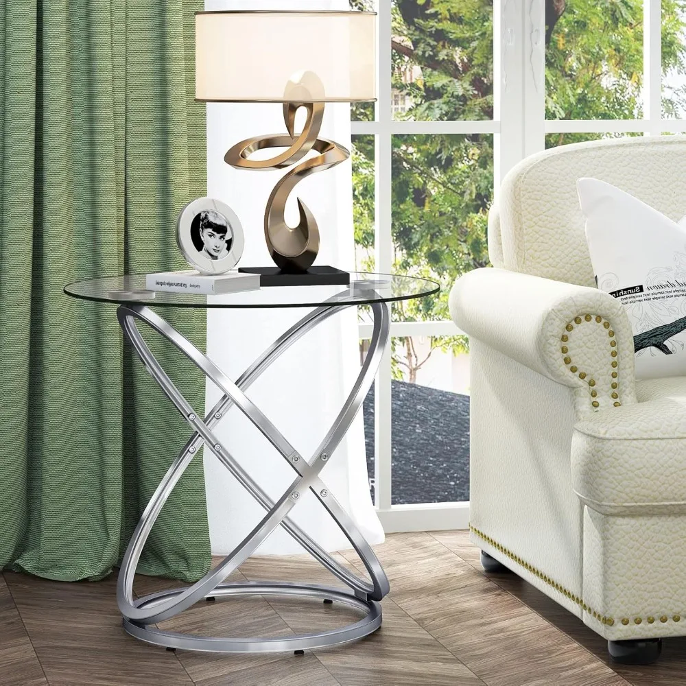 Glass Round End Table, Modern Contemporary Side Table for Small Space with Tempered Glass Tabletop For Living Room,