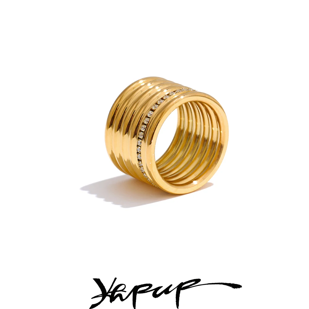 Yhpup 18K PVD Plated Inlaid Zirconia Layered Round Wide Ring
