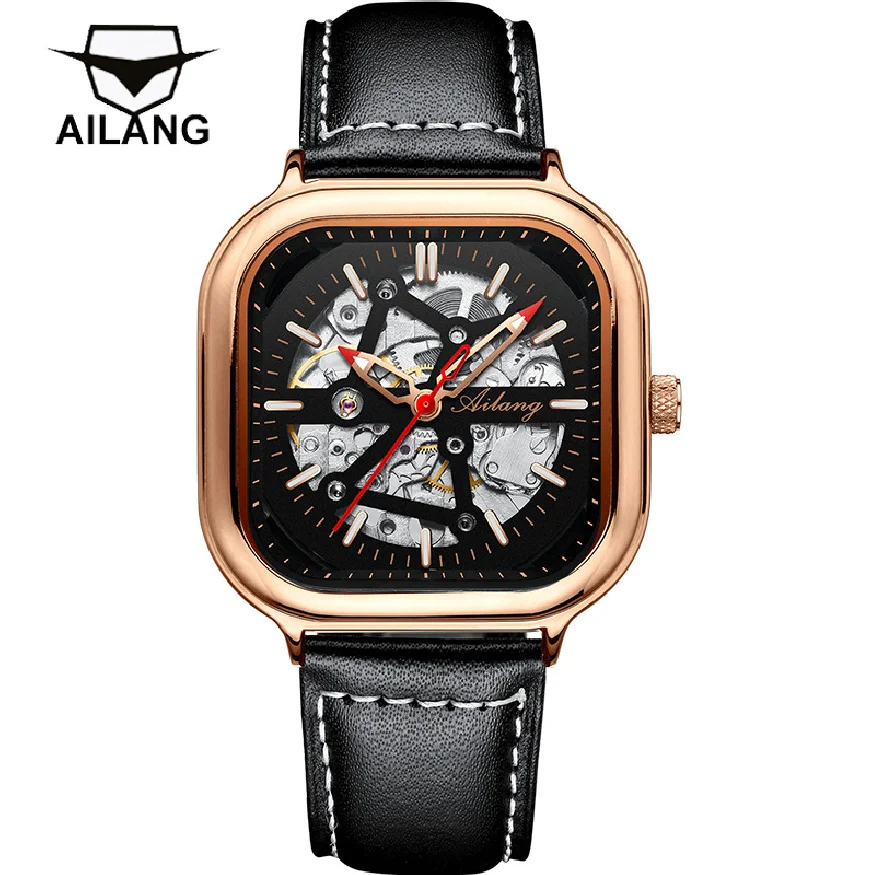 

AILANG 2023 Fashion Rose Gold Case Square Mens Leather Strap Watch Waterproof Luxury Luminous Automatic Mechanical Mens Watches