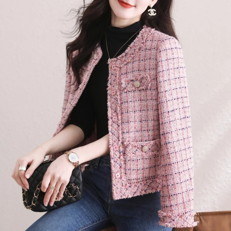 

Korean O-neck Tweed Woolen Jackets Women Elegant Single Breasted Wool Blend Tops Coats Spring Fall Long Sleeve Outerwear Female