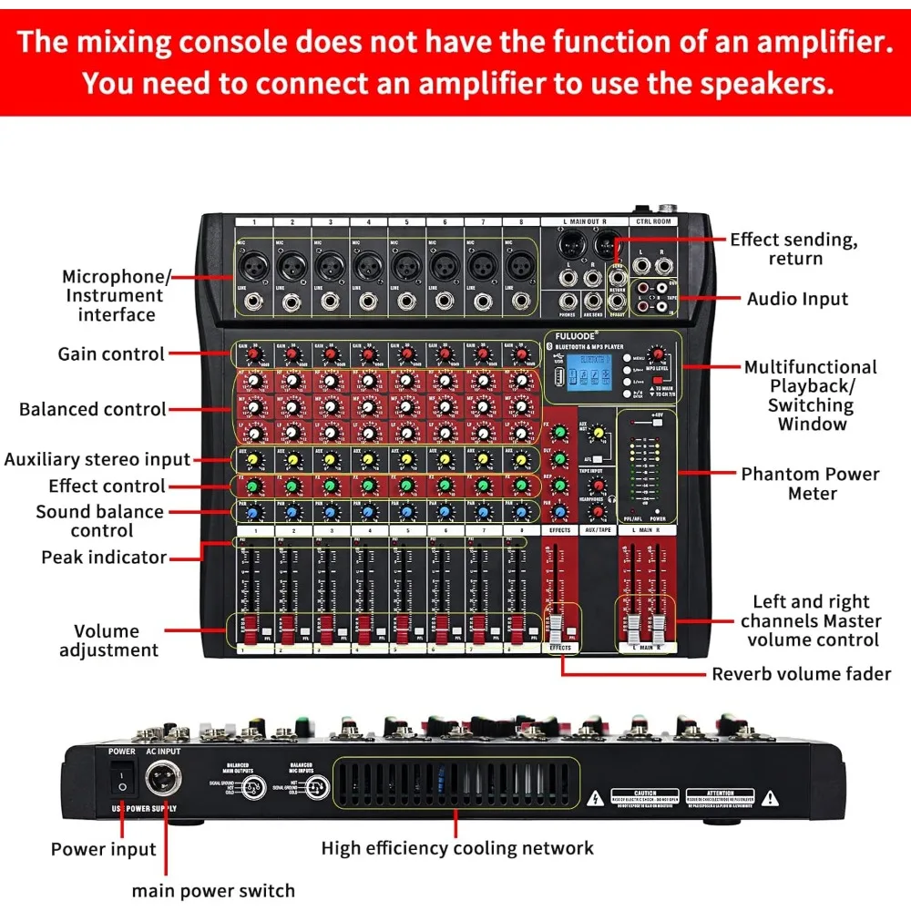 CT-80S Professional audio mixer 8 Channel with MP3 Player+Bluetooth U disk 48V Phantom Power Source USB recording 6
