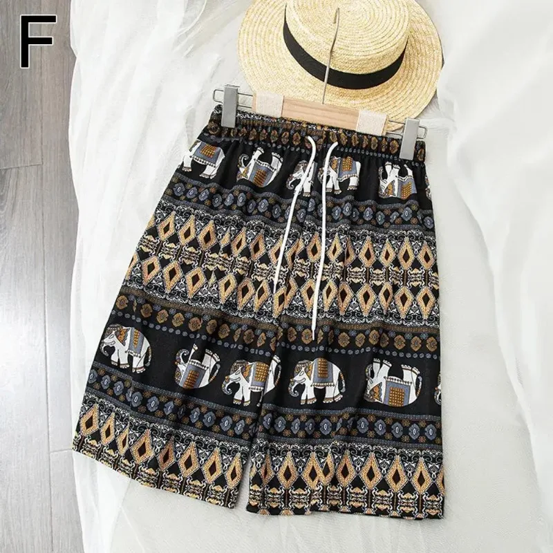 Boho Women Wide Leg Shorts High Waist Elephant Print Pant Thin Straight Trousers Casual Bottoms Female Clothing