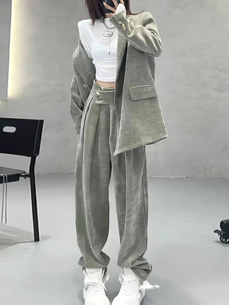 

Autumn Winter Women Elegant Corduroy Blazer Pantsuit Casual Vintage Suit Jackets and Straight Pants Two Pieces Set Female Outfit