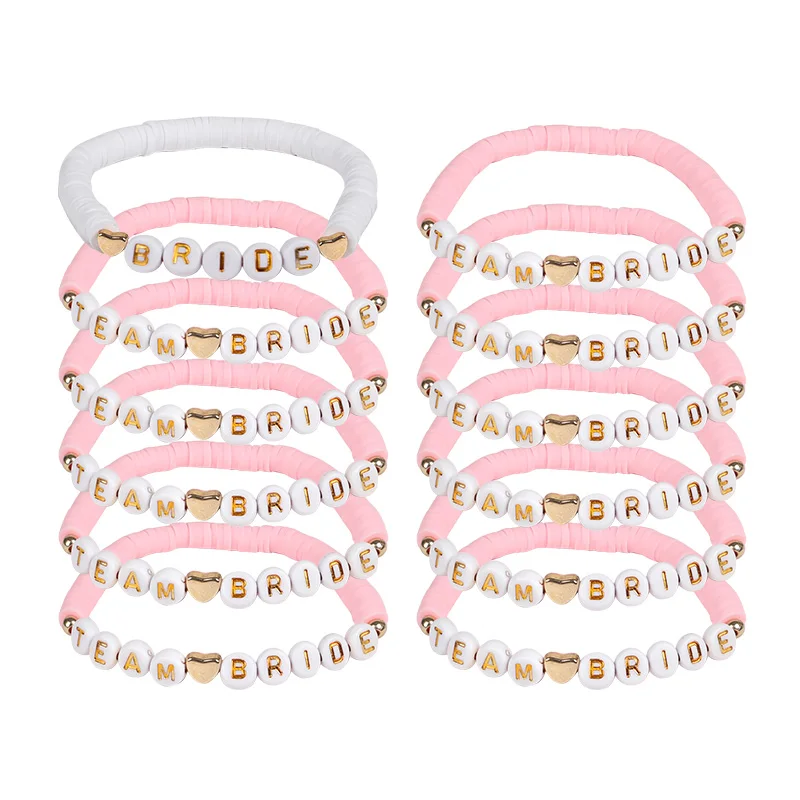 12Pcs Pink Team Bride Elastic Bracelets Set Bridal Shower Gifts Bachelorette Party Favors Supplies Boho Wedding Decoration