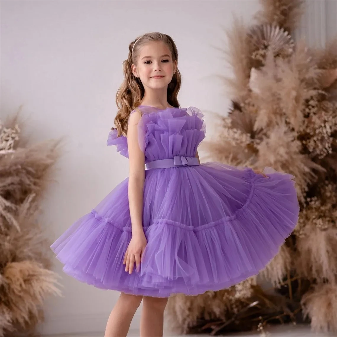 

Purple Tulle Sleeveless Flower Girl's Dresses Knee Length Pageant Ball Gowns Wedding Tiered Tutu Birthday Celebrity Party Skirt