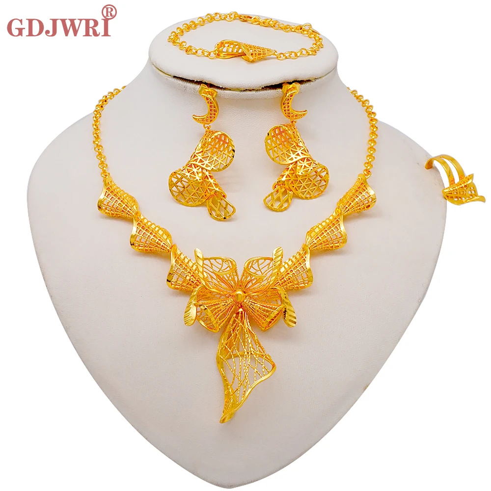 

Luxury Indian Gold Color Unique Necklace Bracelet Earrings Ring Sets Nigerian Party Bridal Wedding Ethiopian Dubai Jewelry Set