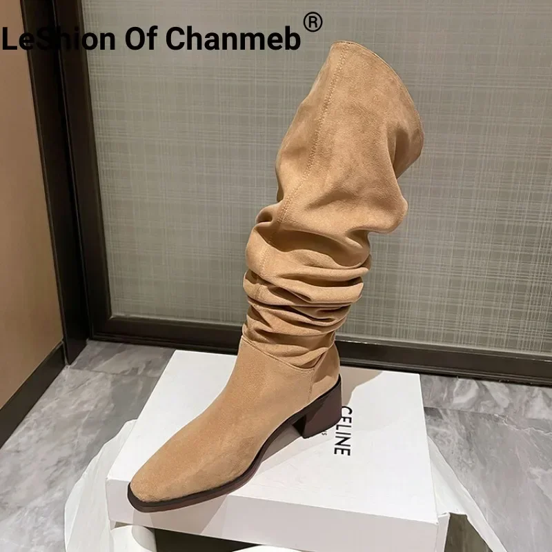 

LeShion Of Chanmeb Women Nude Faux Suede Boots Medium Heel Big-Calf KneeHigh Pleated Boots Woman Square Toe Slipon Shoes 40 Chic