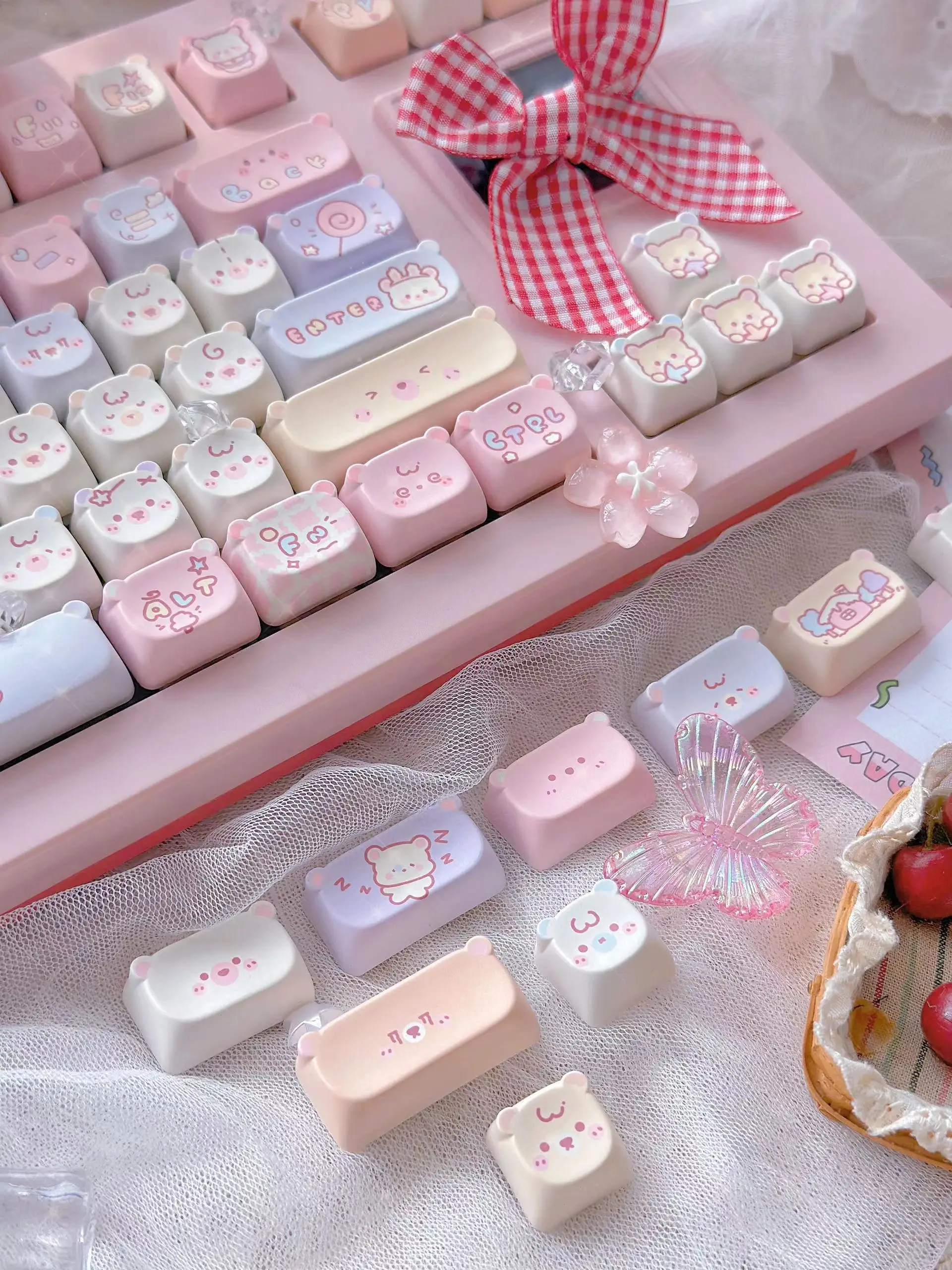 Bonito Kawaii Bear Eao Keycap Teclado Mecânico Faça Você Mesmo Expressão Rosa e Roxo Pbt Lado Gravado Gato Bonito Iso Layout Ansi - Imagem 6