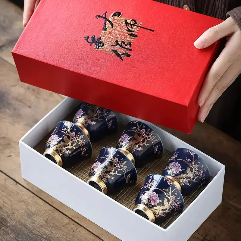 Cobalt Blue Ceramic Tea Cups with Gold Trim - Handmade Kung Fu Tea Set, Zen Ceremony & 6-Piece Gift Box for Home & Gifts