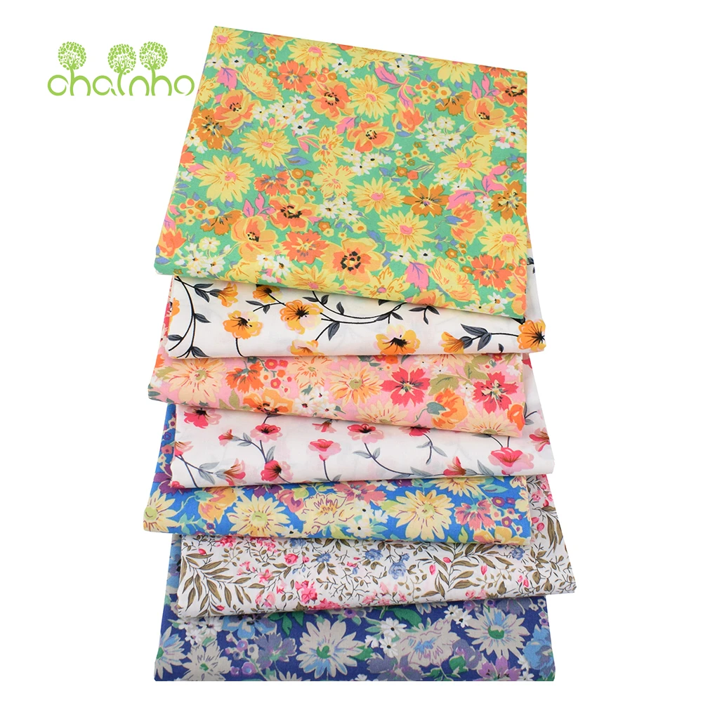Chainho,Printed Plain Weave Poplin Cotton Fabric,DIY Quilting Sewing Material,Patchwork Cloth,Floral Series,3 Sizes,15PCC111