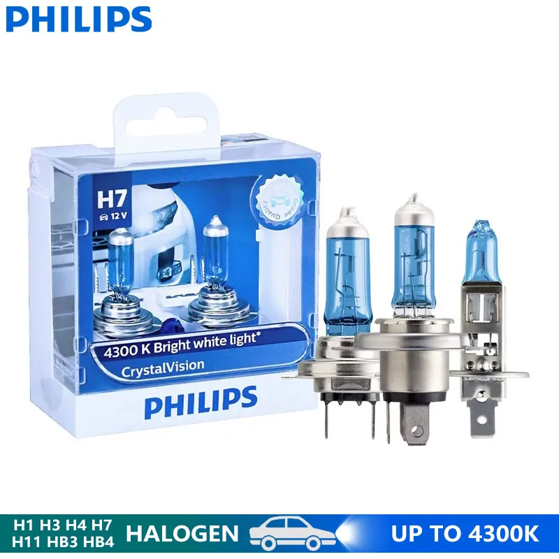 PHILIPS CrystalVision - Ampoules Phare H4 4300K - Blanc Bleuté Style Xenon - 1100LM - Pour Voiture + Feux Latéraux W5W Offerts