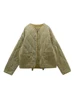 TRAFZA Women's Diamond Print Cotton Jacket Round Neck Loose Long Sleeve Cotton Jacket Vintage Fashion Pocket Warm Zip Jacket 2