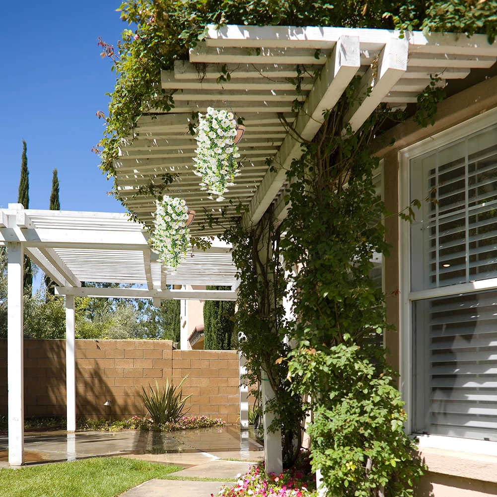 4PCS Plastic Faux Hanging Plants UV Resistant Morning Glory Vines Realistic Hanging Plants for Wedding Home Garden Outdoor