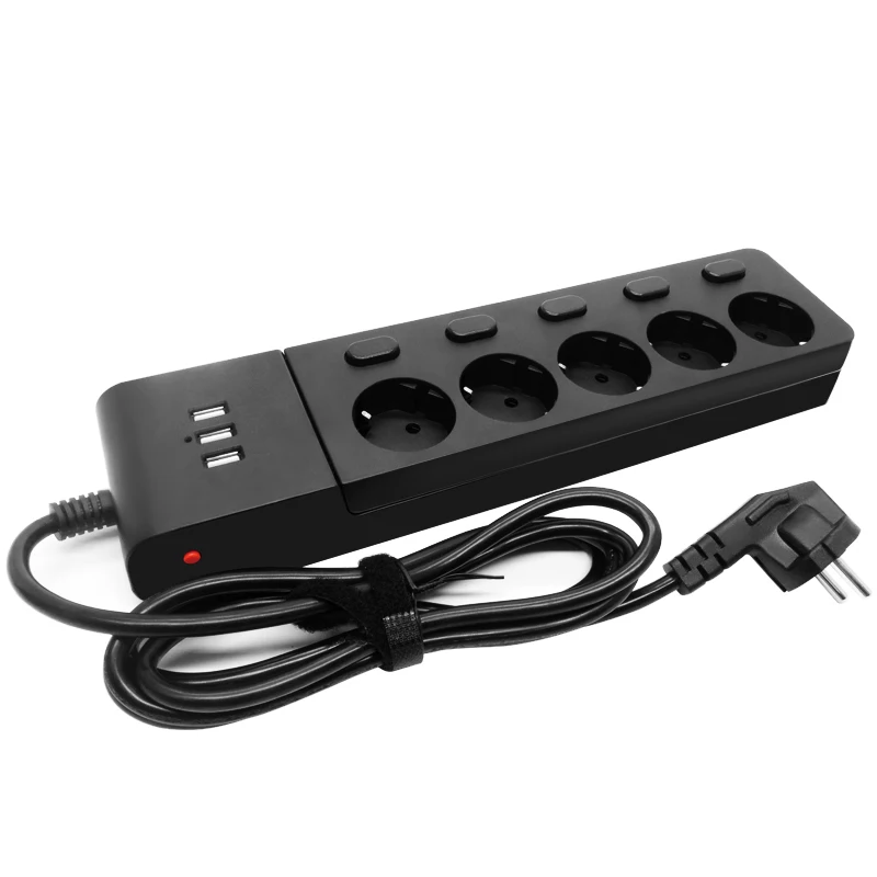 

EU Plug Power Strip Surge Protection Electrical Extension Sockets USB 5 way Outlets Independent Switch Control 2m Cord