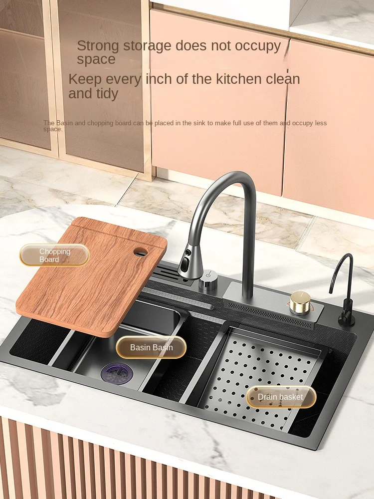 Modern Waterfall Kitchen Sink Embossed Honeycomb Stainless Steel Large Single Slot Vegetable Washing Basin Dishwashing Pool 3