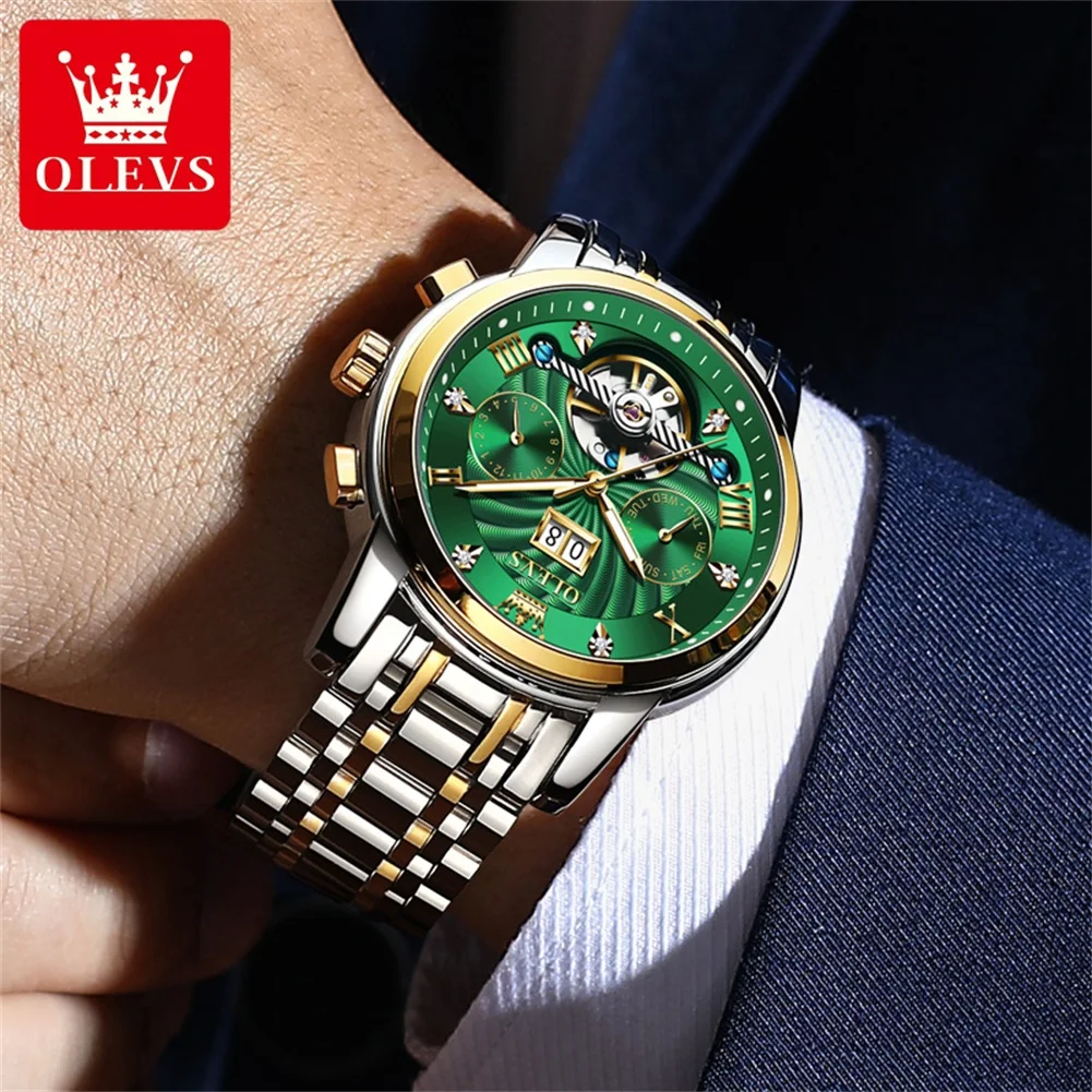 รูปสินค้า OLEVS 9910 Mens นาฬิกาแบรนด์หรูกันน้ําส่องสว่างอัตโนมัตินาฬิกา Dual ปฏิทินนาฬิกากล่อง Reloj