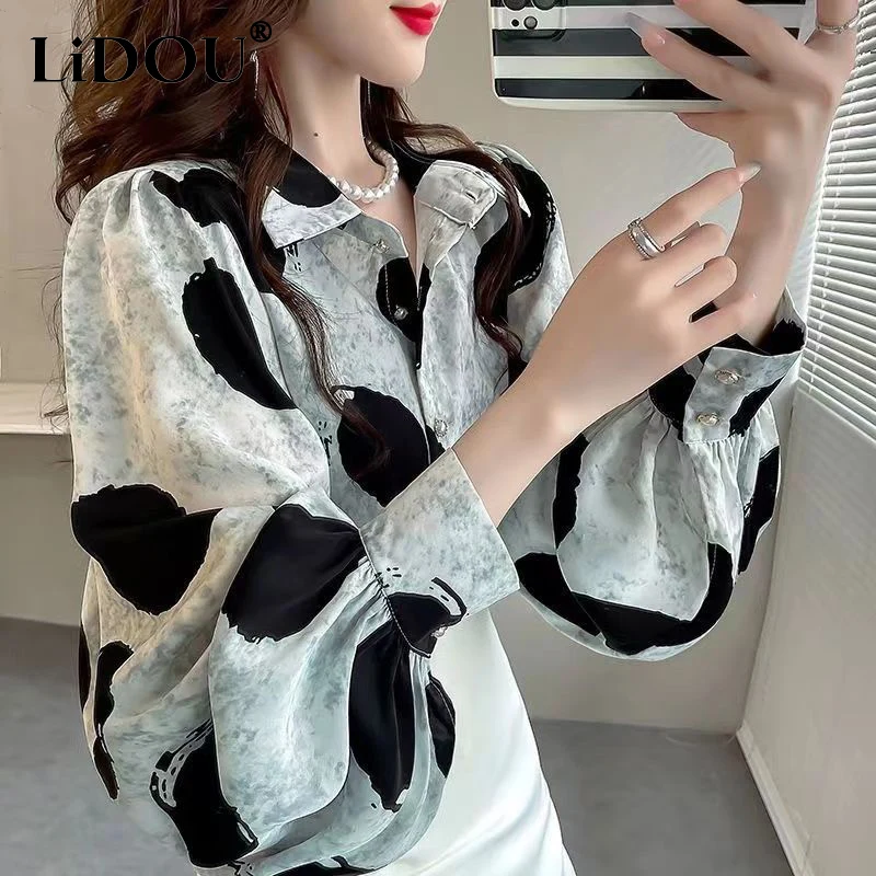 

Spring Autumn Polo-neck Loose Casual Dot Printing Shirt Women Lantern Long Sleeve Elegant All-match Top Female Cardigan Blouse