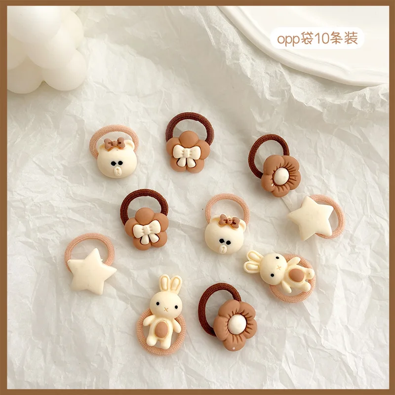 10Pcs/Set Cute Baby Girls Small Elastic Hair Rope Sweet Cartoon Bear Hair Accessories Lovely Flower Mini Scrunchies for Kids