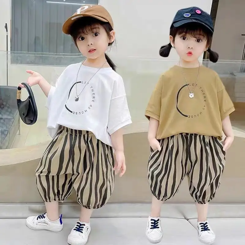 

Summer Baby Girls Loose Batwing Sleeves T-shirt Tops+Striped Short Pant Set Kids Tracksuit Children 2PCS Outfit Suit 1-10 Years