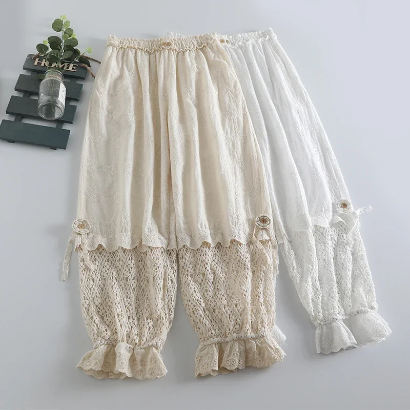 

Japanese Mori Girl Sweet Lace Flower Embroidery Hollow Out Pants Women Kawaii Elastic Waist Ruffles Casual Loose Cotton Pants