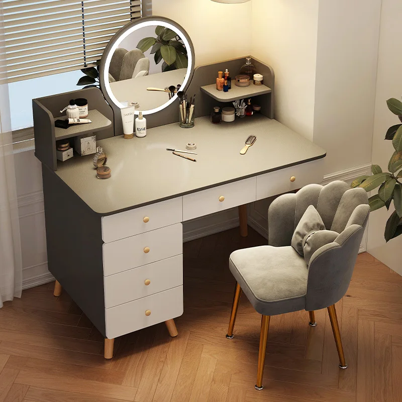 Penteadeira-Table de Toilette Multifonctionnelle avec Miroirs, Chaise, Boîte, Commodes, Meubles de Chambre à Coucher Confortables