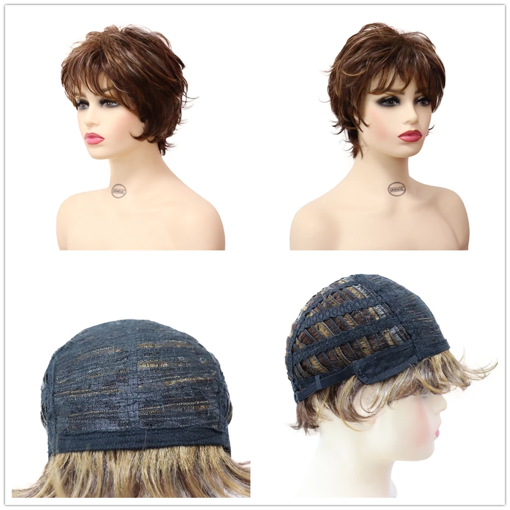 GNIMEGIL Synthetic Wig for Woman Short Brown Curly Wig with Bangs Fluffy Layered Hairstyle Female Natural Wig Lady Mommy Wig