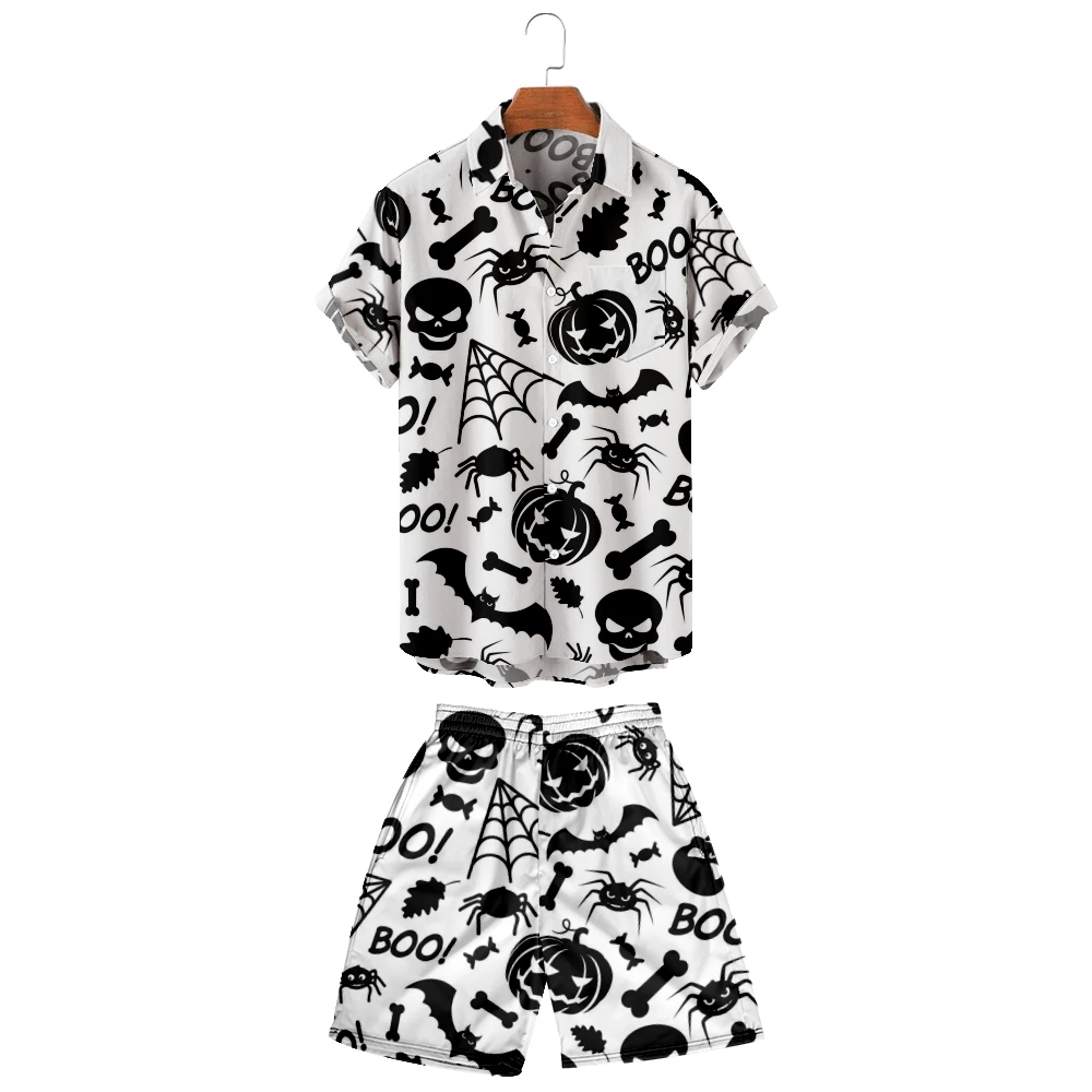 

Новинка 2022, Мужская Повседневная дышащая рубашка с лацканами и пляжные шорты, индивидуальный модный светильник и тонкий комплект с тыквой на Хэллоуин