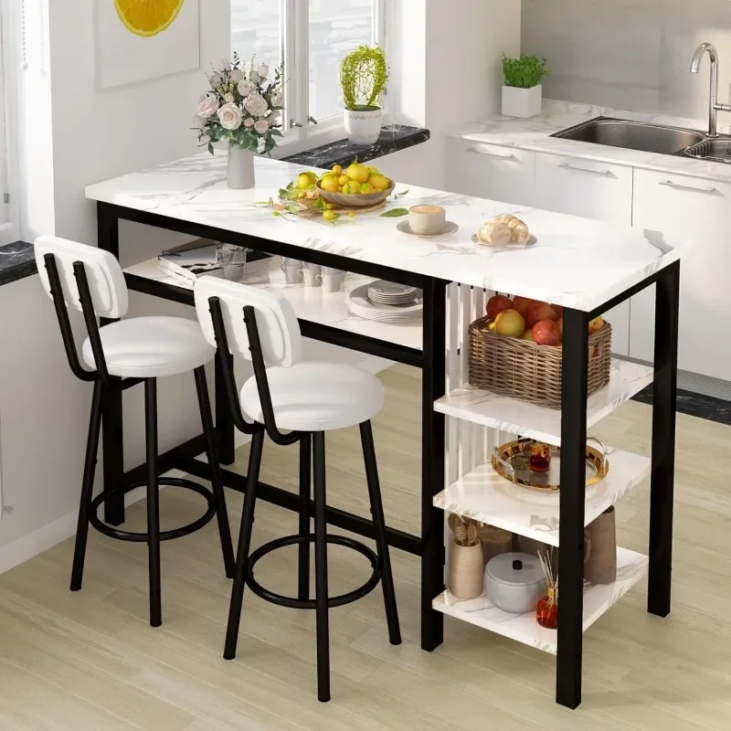 ZHENXIANG Faux Wood Drop Leaf Dining Table with Storage Rack, Space Saving Breakfast Nook Table Set with Chairs and Upholstered