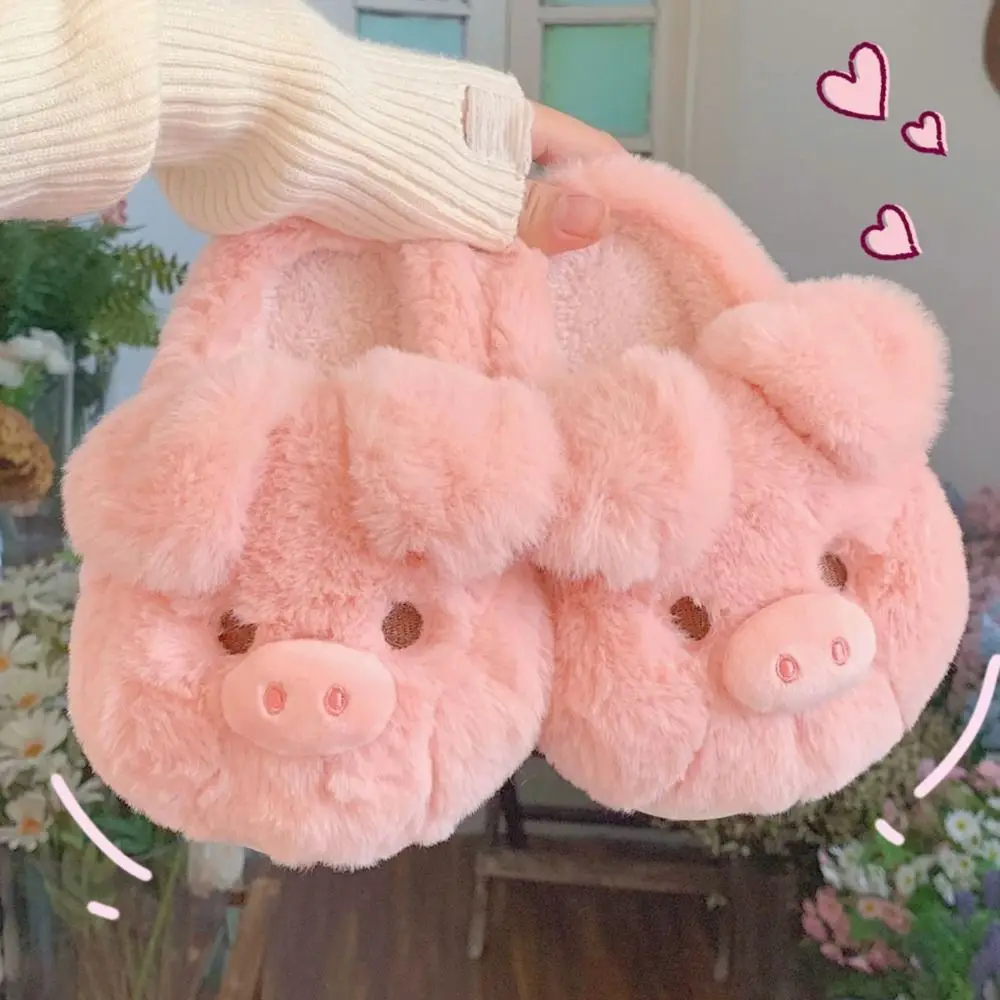 Soft Homewear Pig Slippers Thicken Anti-slip Winter Warm Slippers Thick Soled Cartoon Furry Cotton Shoes Girls