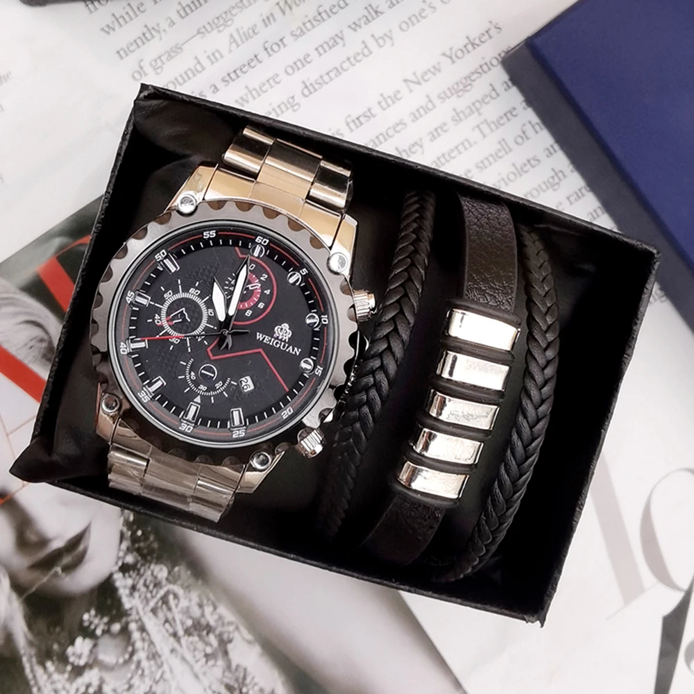 2Pcs Fashion Mens Watches Top Brand Luxury Stainless Steel Waterproof Quartz Watch Luminous Clock with Leather bracelets and Box